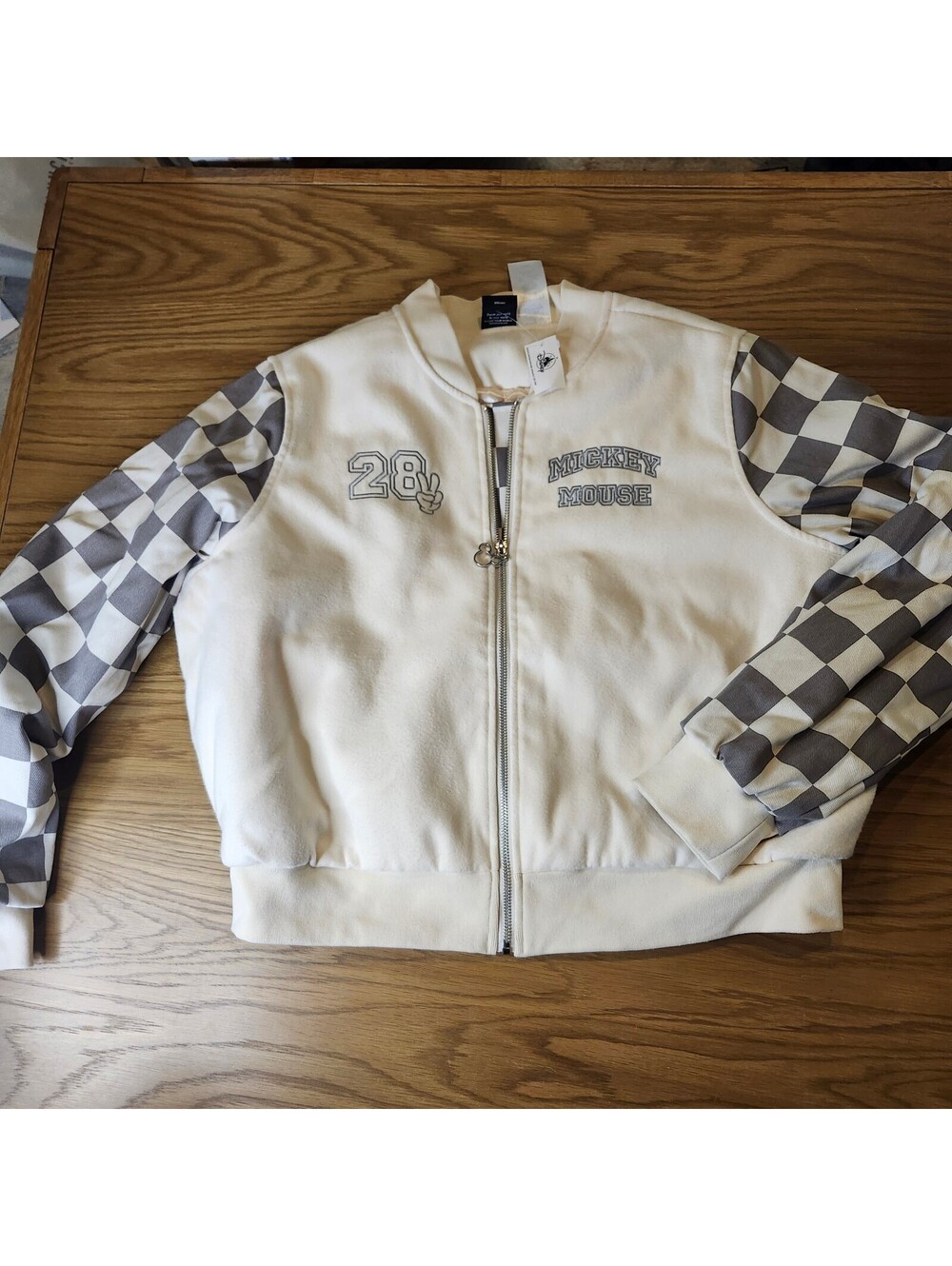 Disney Parks Her Universe Mickey Mouse Cream Zip Jacket Checkerboard Sleeves XL
